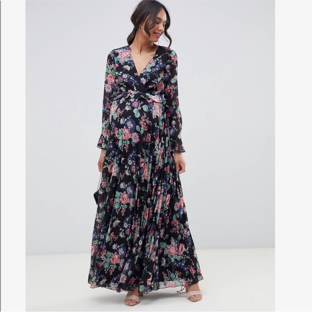 ASOS DESIGN pleated wrap maxi ruffle floral dress